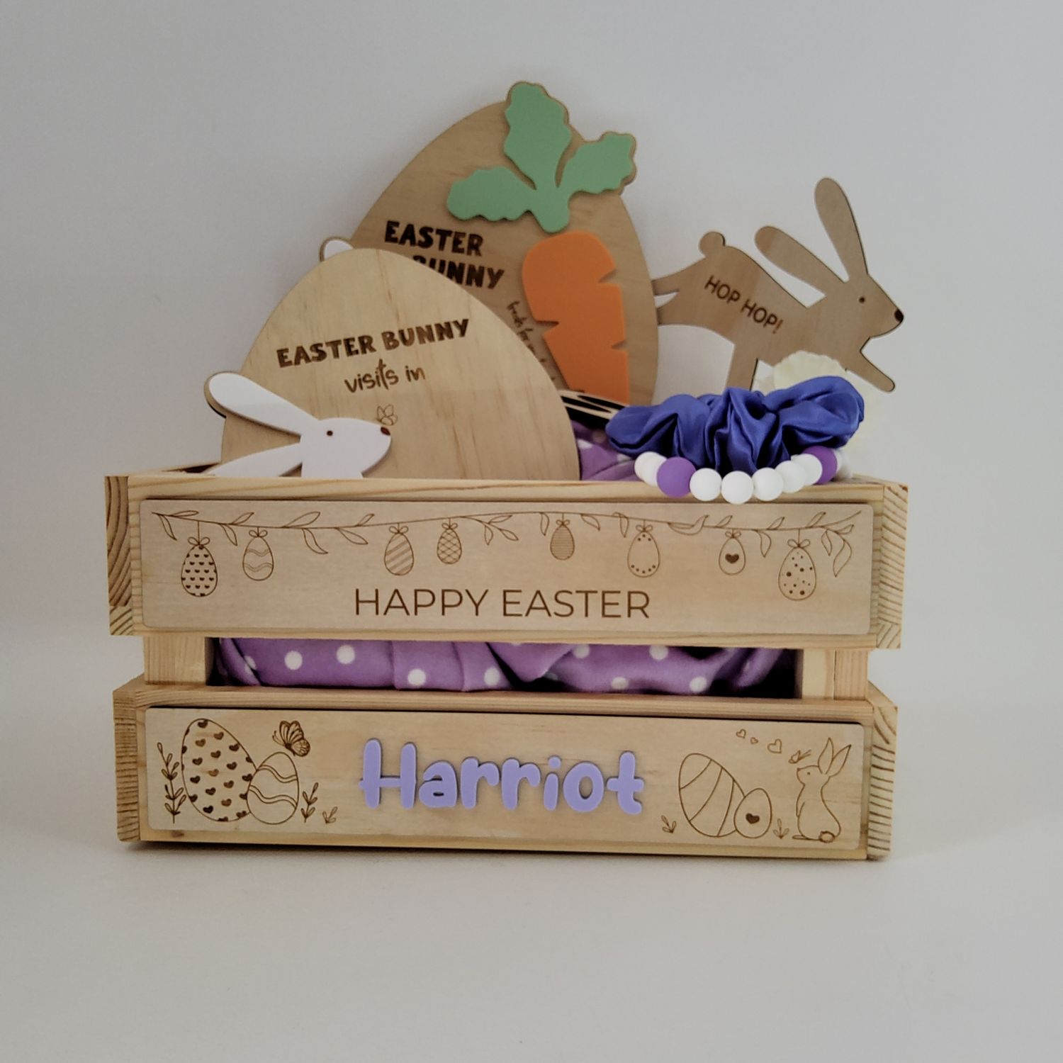 Custom timber Easter crate with personalised name panels for kids