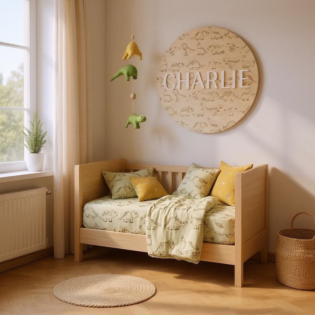 Dinosaur-themed custom name wall sign with timber backing, ideal for kids bedroom or nursery.