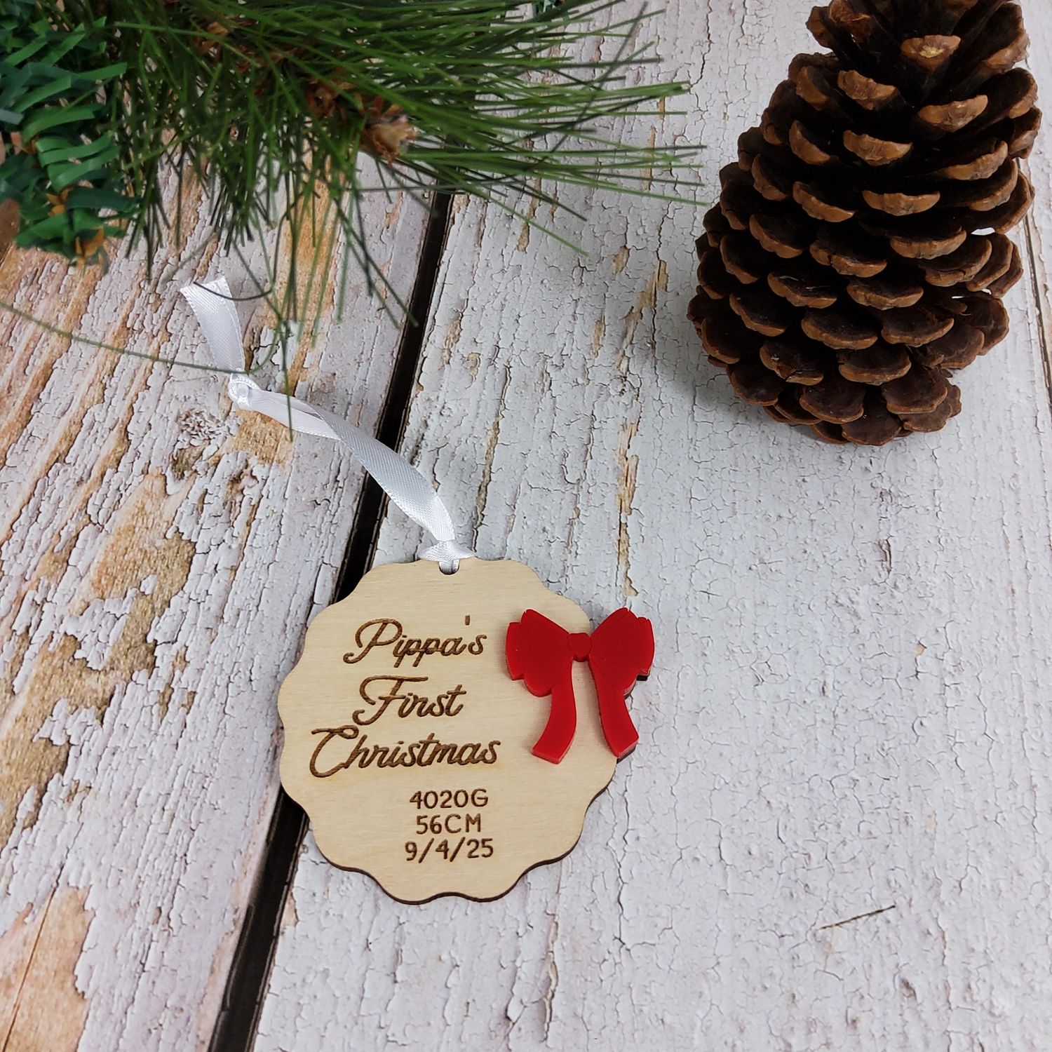 Baby’s First Christmas Ornament – Personalised Timber Scalloped Keepsake