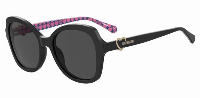 Moschino Love da sole rettangolare nero-rosa/blu con il cuore in 3D