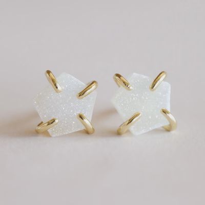 Druzy Prong - White - Gold Earrings