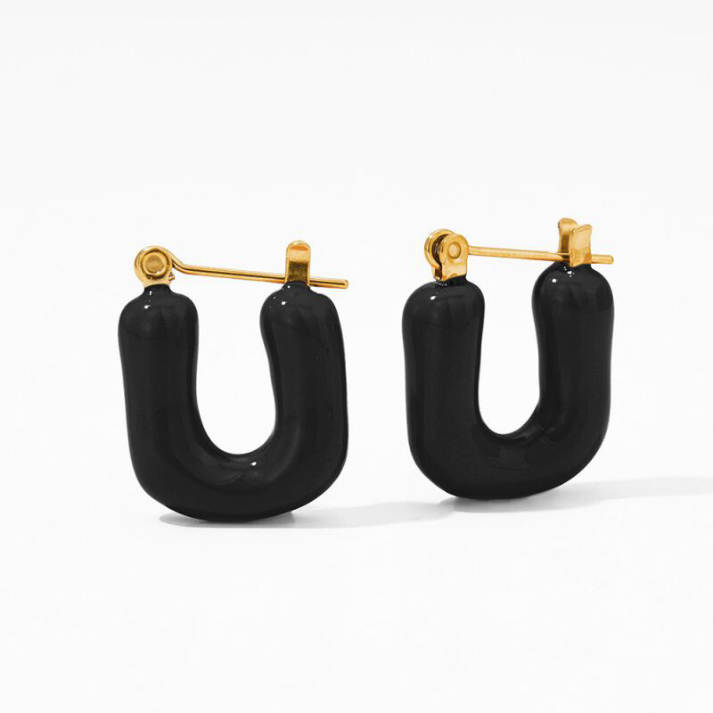 Black Steel Oil Dripping U-shaped Earrings