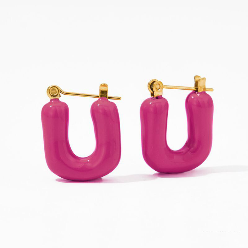 Pink Steel Oil Dripping U-shaped Earrings