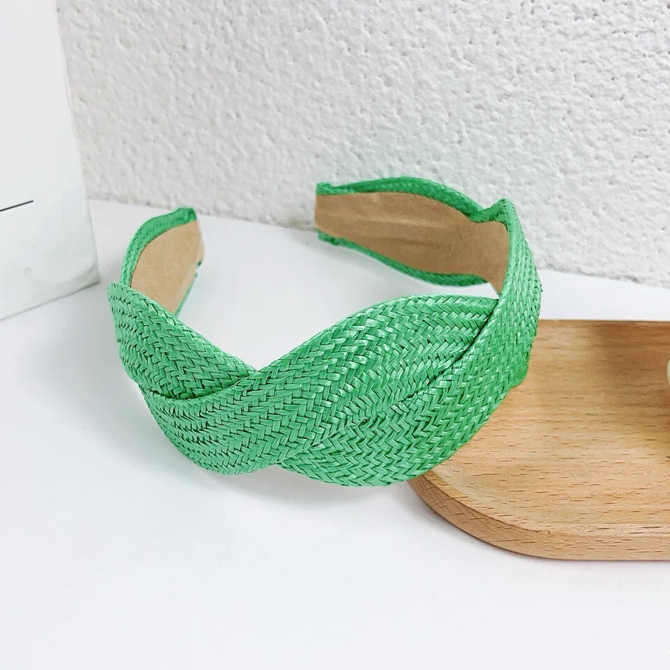 Green Raffia Cross Twisted Headband