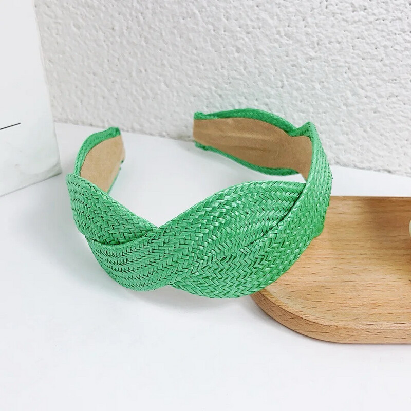 Green Raffia Cross Twisted Headband