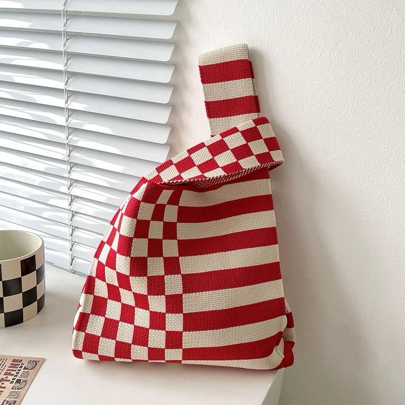 Red Squares Knitted Tote Bag