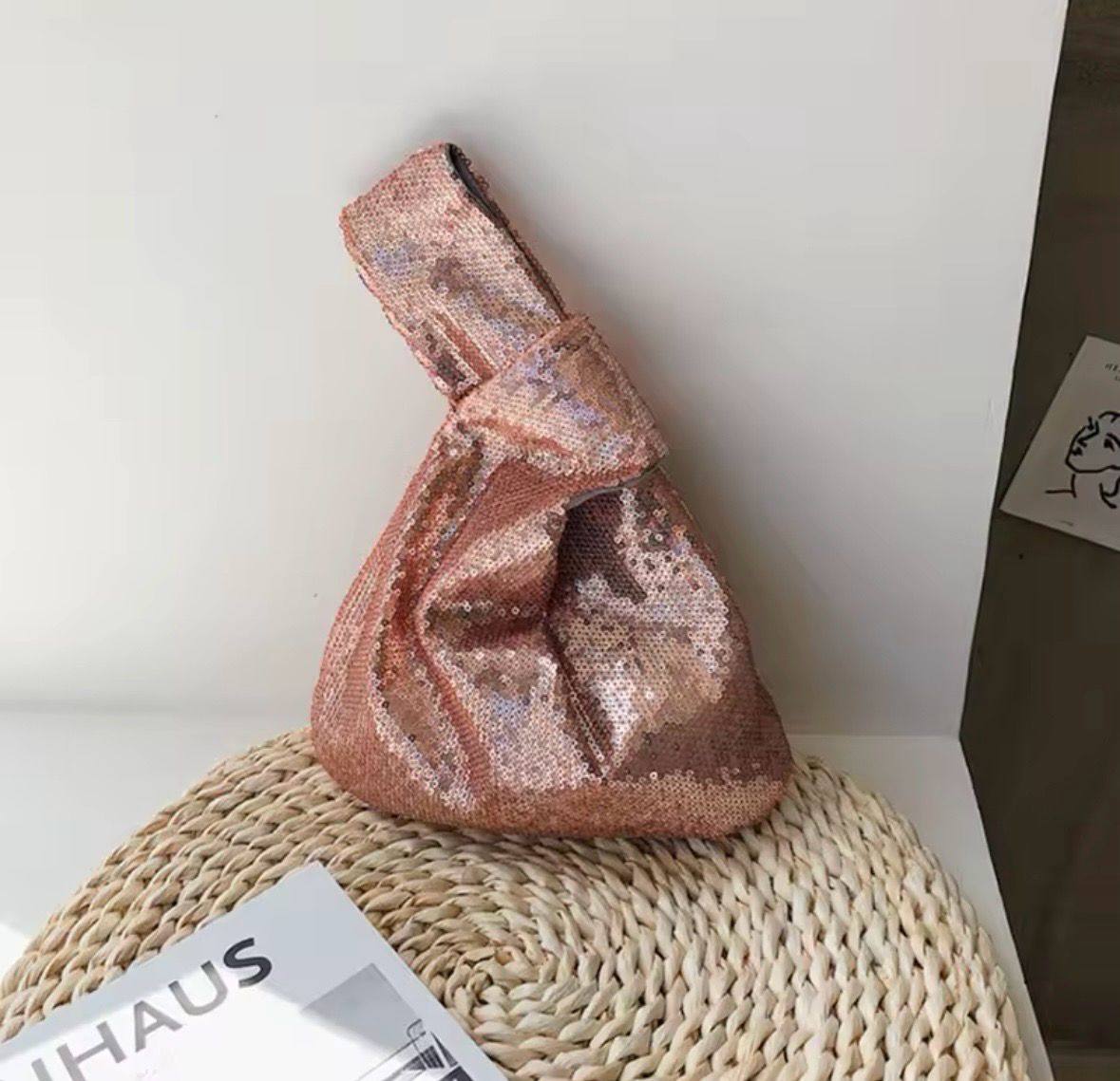 Sequin Knot Pouch Rosegold