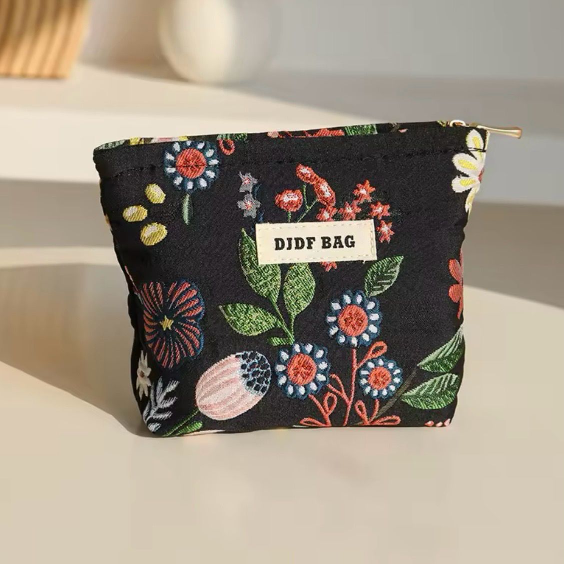 Mini Makeup Bag -Black Flowers Colorful
