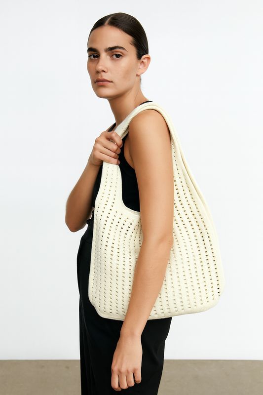 Beige Handmade Knit Handbag
