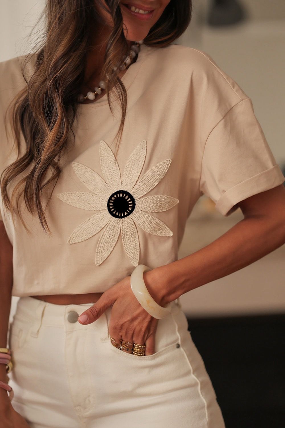 T-shirt Beige Flor Crochet
