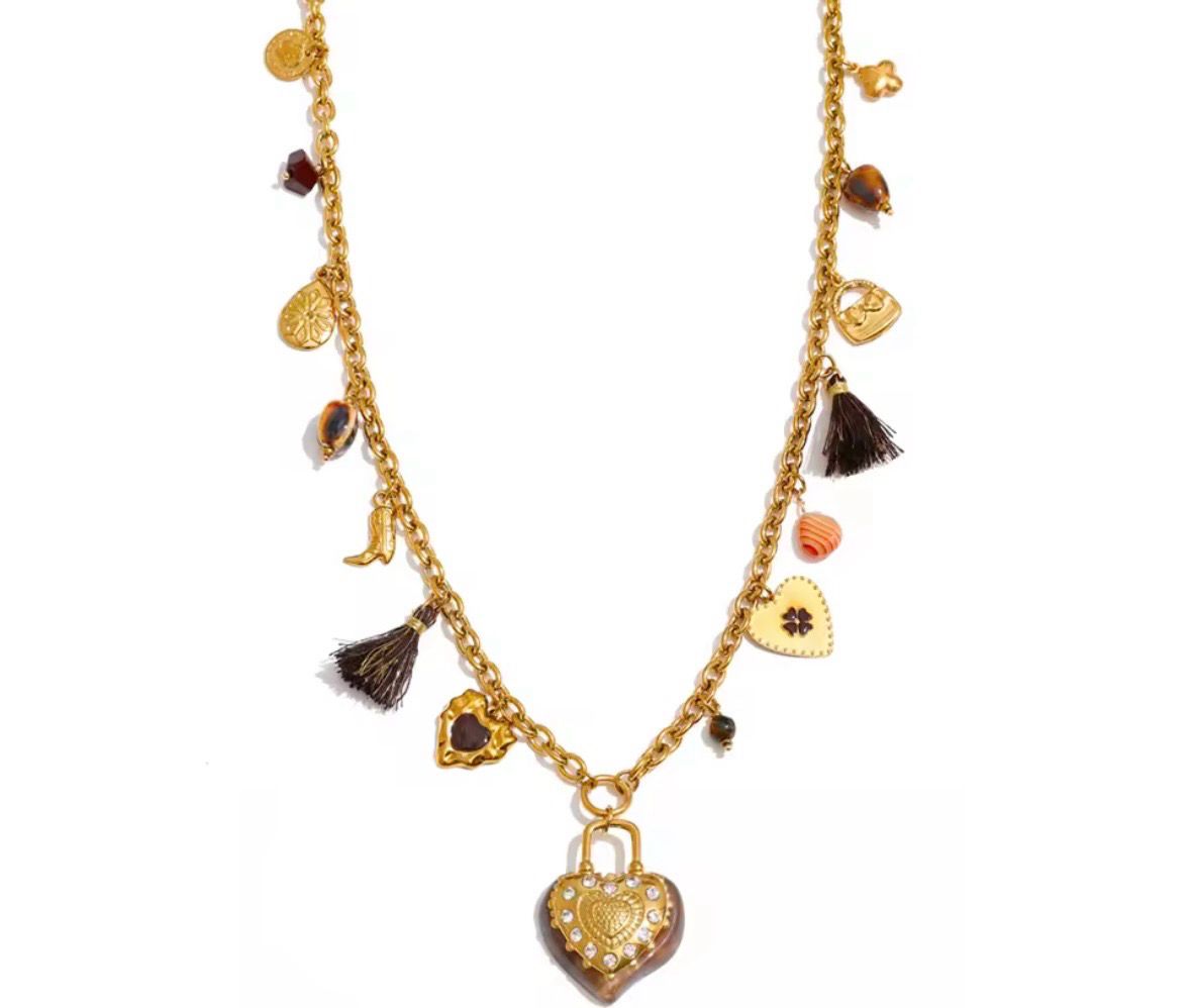 Resin Flower Heart Pendant Long Charms Necklace