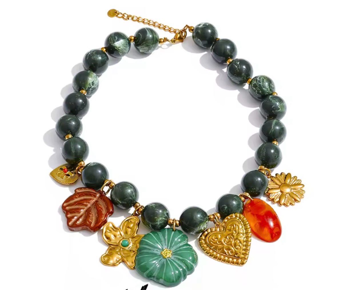 Leaf Flower Heart Drop Charm Necklace