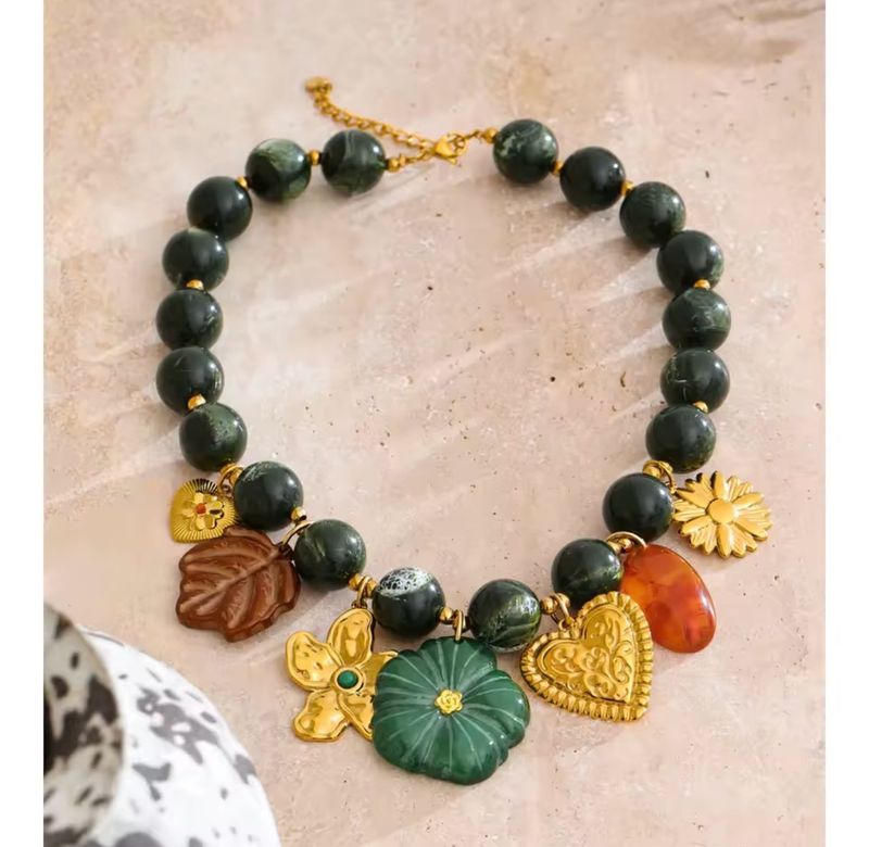 Leaf Flower Heart Drop Charm Necklace