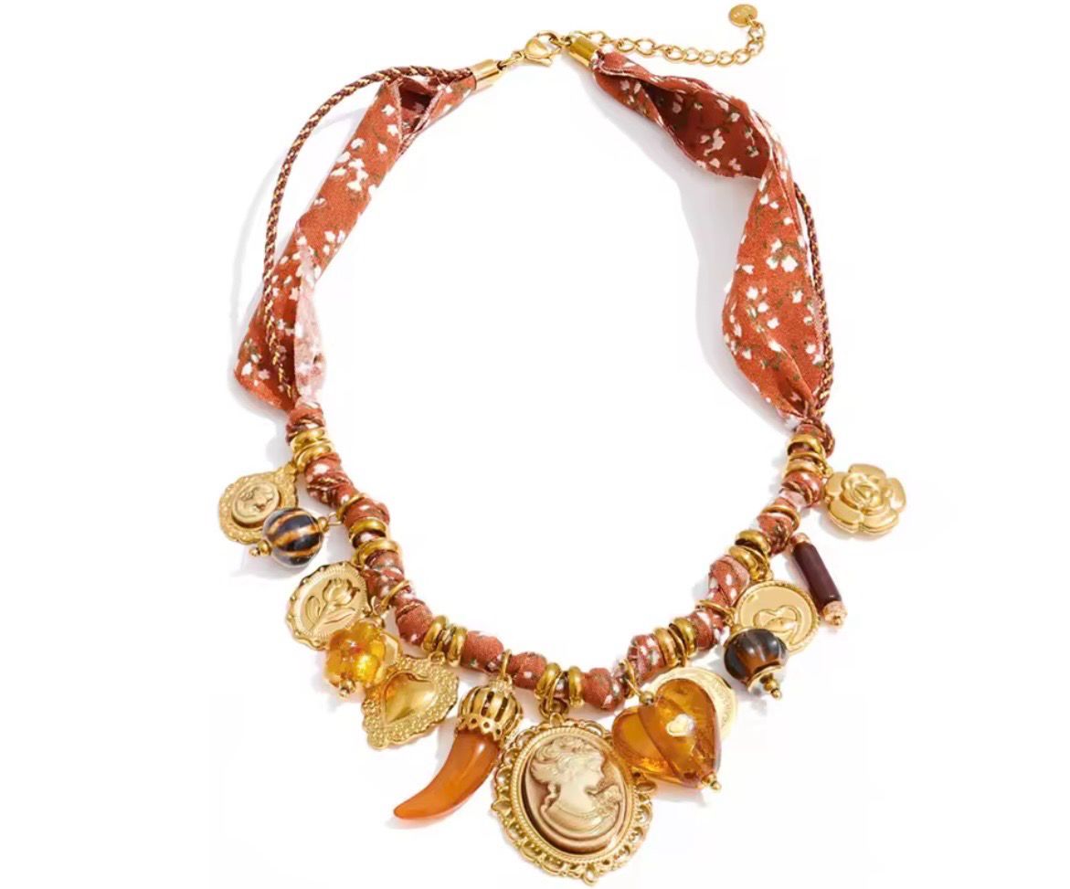 Heart Flower Portrait Drop Charm Necklace