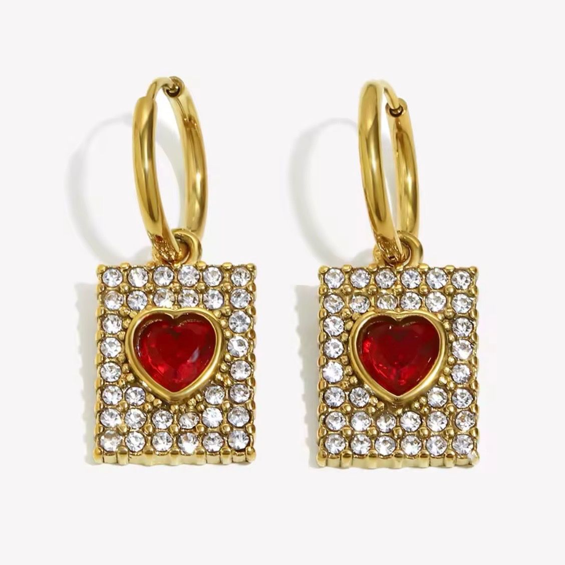 Red Heart Square Zircon Hoop Earring
