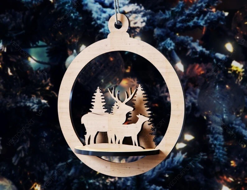 3D Christmas Ornament - Deer, Rabbits with tree backdrop