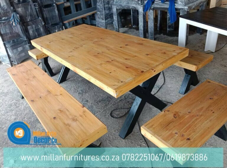 Quad x-legged table &amp; 4 benches set