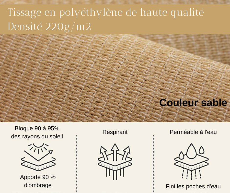 Voile d’ombrage 3 × 2 m – Premium 220 g/m² – Sable ou Gris