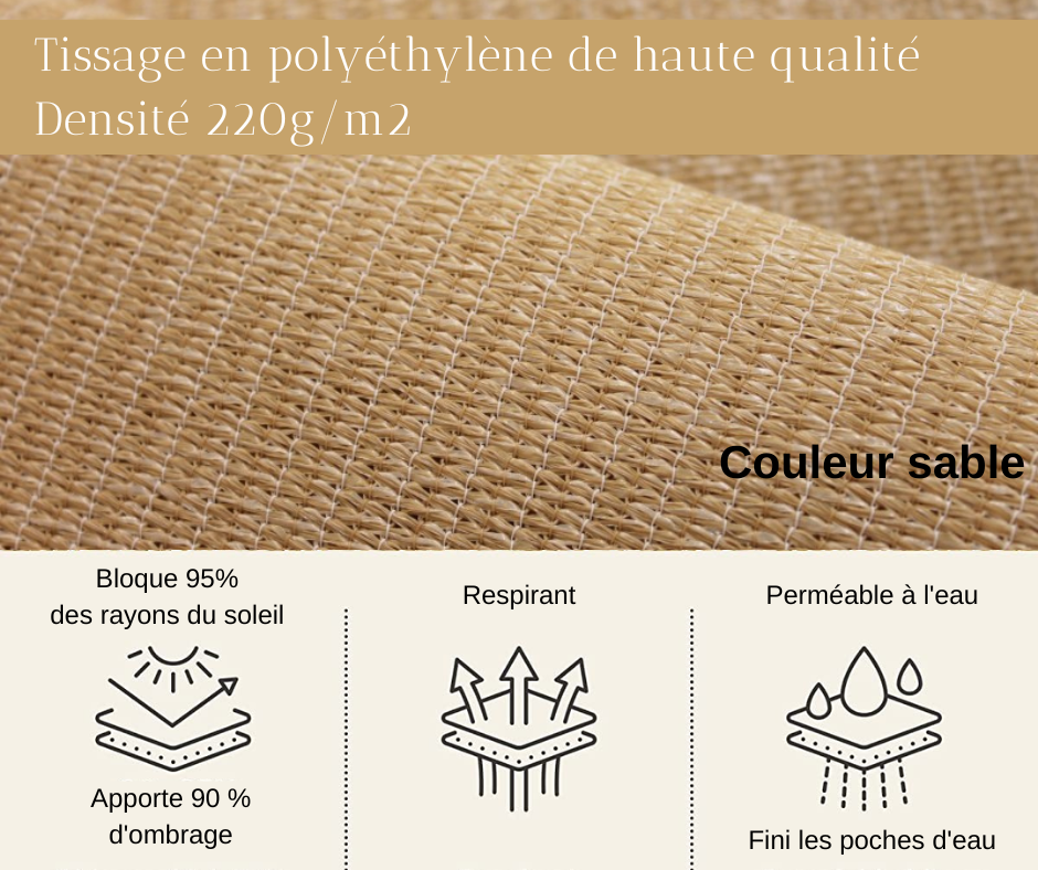 Voile d’ombrage 4 × 2 m – Premium 220 g/m² – Sable ou Gris