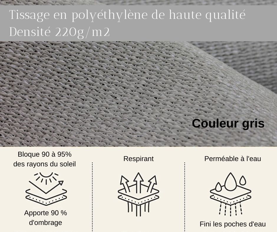 Voile ombrage "Premium" 6x3 - 220g/m² Gris "Ancienne version"