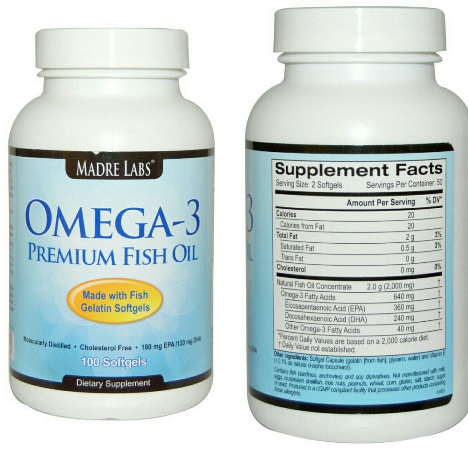 كبسولات أوميجا 3 بجودة عالية مستخلصة من زيت السمك Madre Labs, Omega-3  Premium Fish Oil, 100 Fish Gelatin Softgels