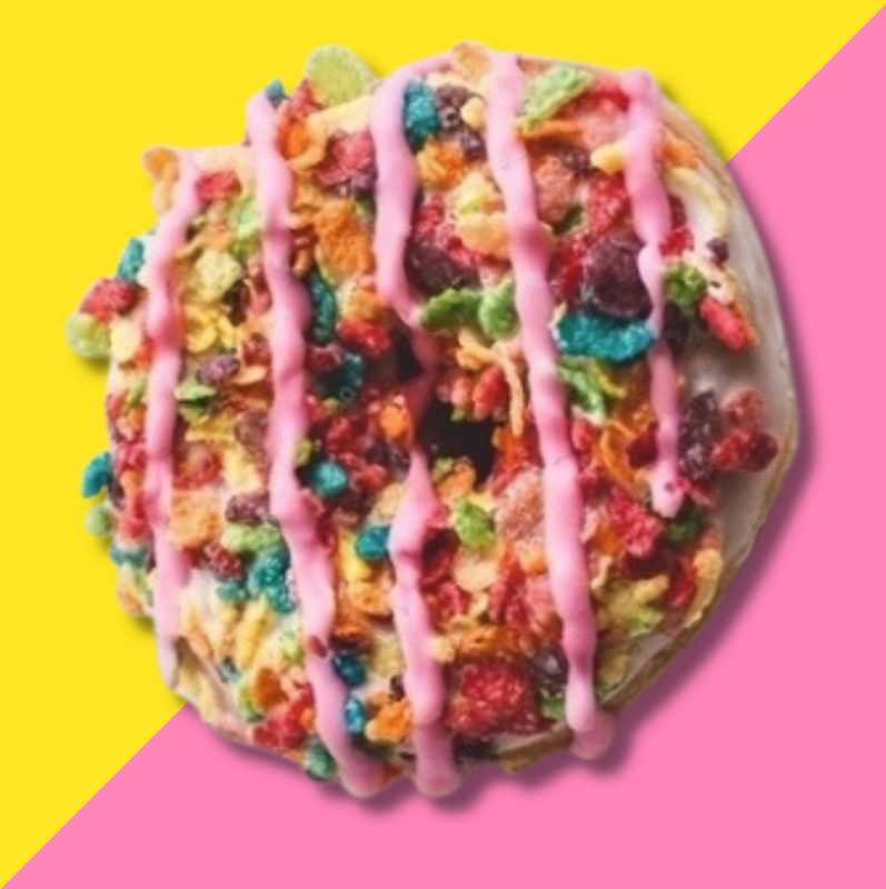 Yeast Donut, Vanilla Icing, Fruity Pebble Topping (Single Donut)