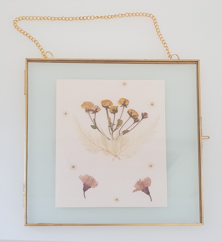 Pressed Flower Art, yellow roses, cherry blossoms