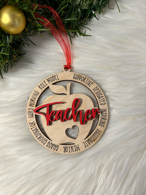Teacher Apple 3D Wooden Round Ornament