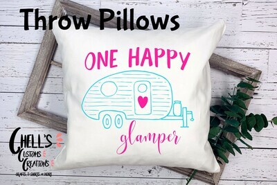 Teal And Pink Happy Camper Throw Pillow