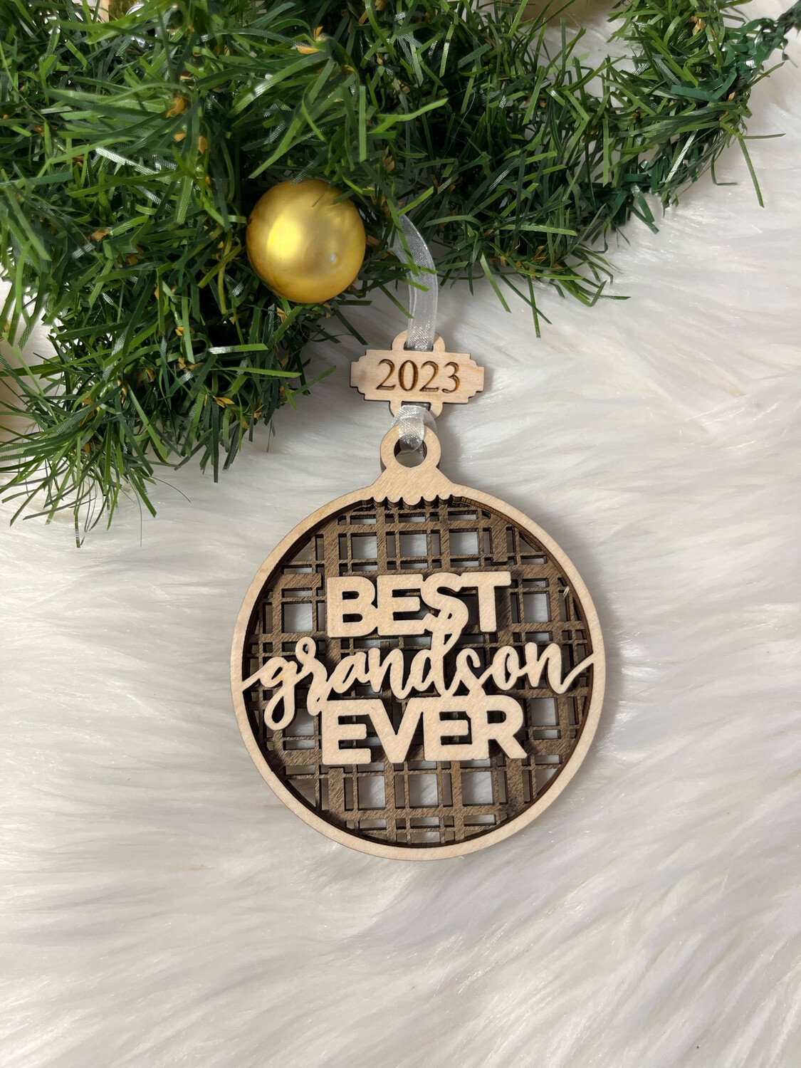 Best Grandson Ever 3D Wooden Circle Ornament