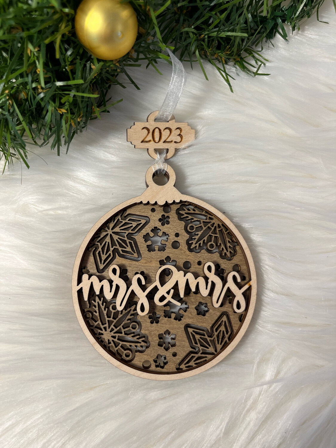 Mrs &amp; Mrs 3D Wooden Circle Ornament