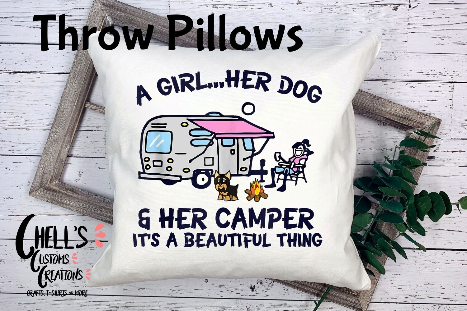 A Girl.. Her Dog And Her Camper Linen Throw Pillow