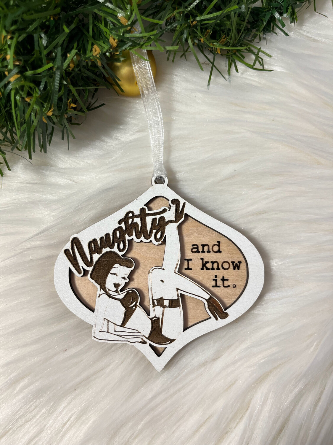 Retro Naughty And I Know It Wooden  Ornament