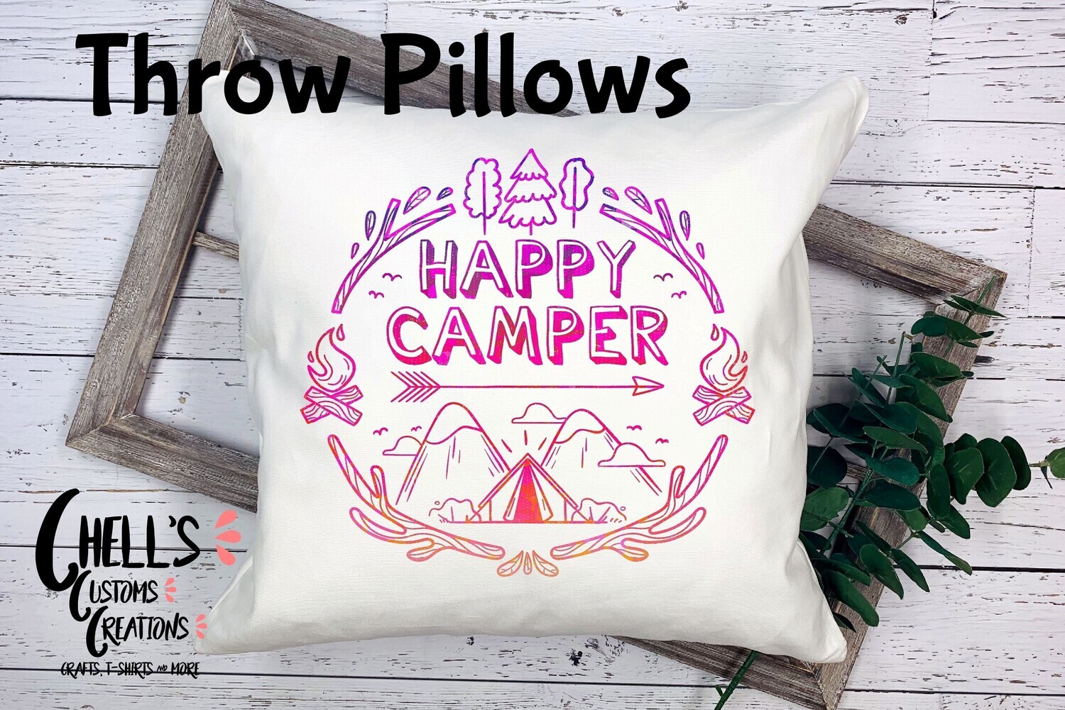 Bright Color Happy Camper Throw Pillow