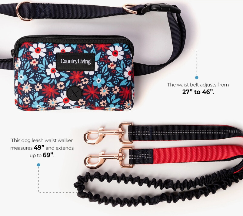 Country Living Hands Free Dog Leash &amp; Poop Bag Holder - Floral Navy