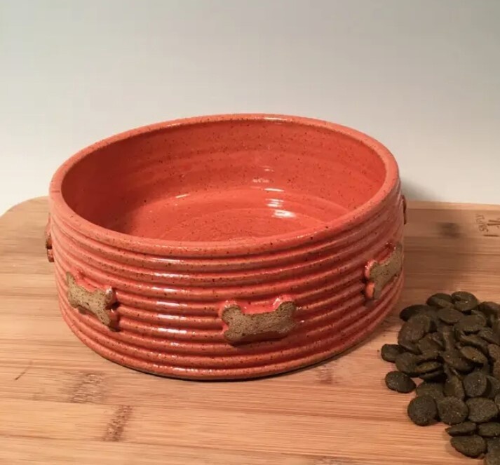 Handmade Pottery Pet Bowl with Dog Bones, Color: Coral
