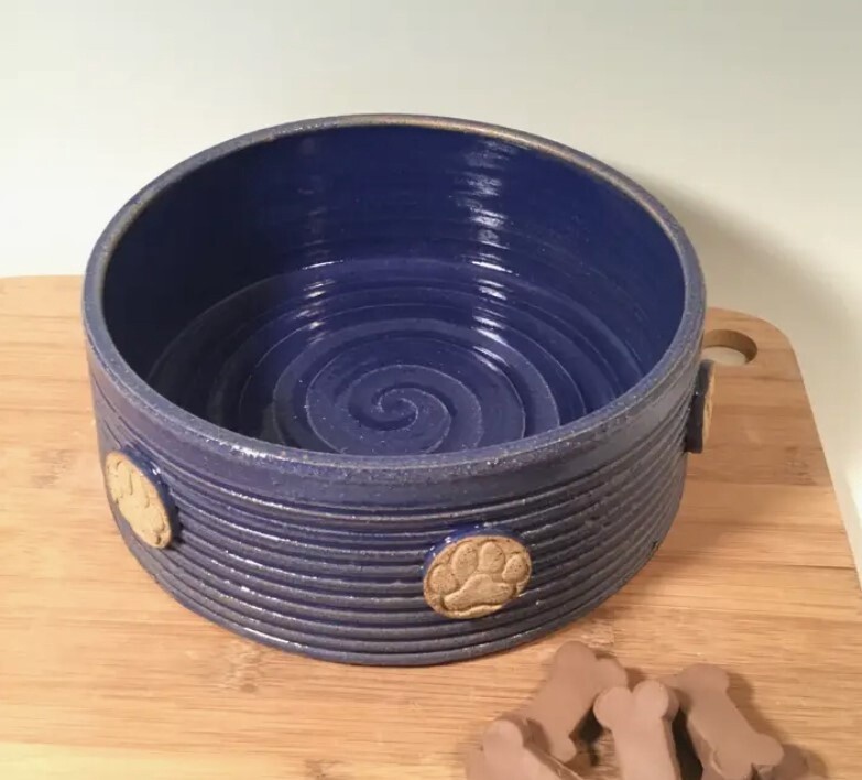 Handmade Pottery Pet Bowl with Paw Prints, Color: Cobalt Blue