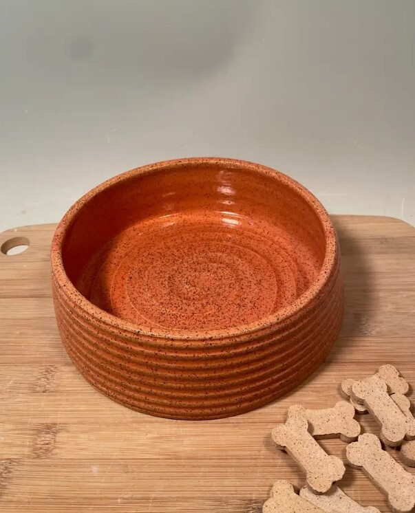 Handmade Pottery Pet Bowl, Minimalist Design, Color: Coral