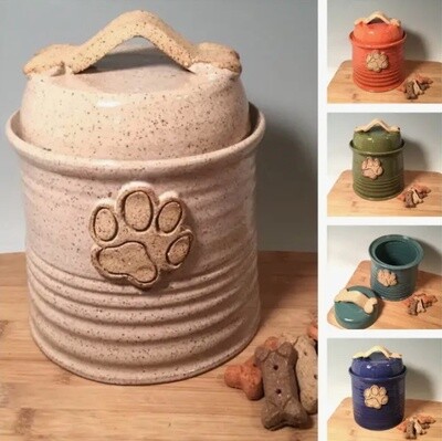 Handmade Pottery Pet Treat Jar with Paw Print and Bone Shape Handle