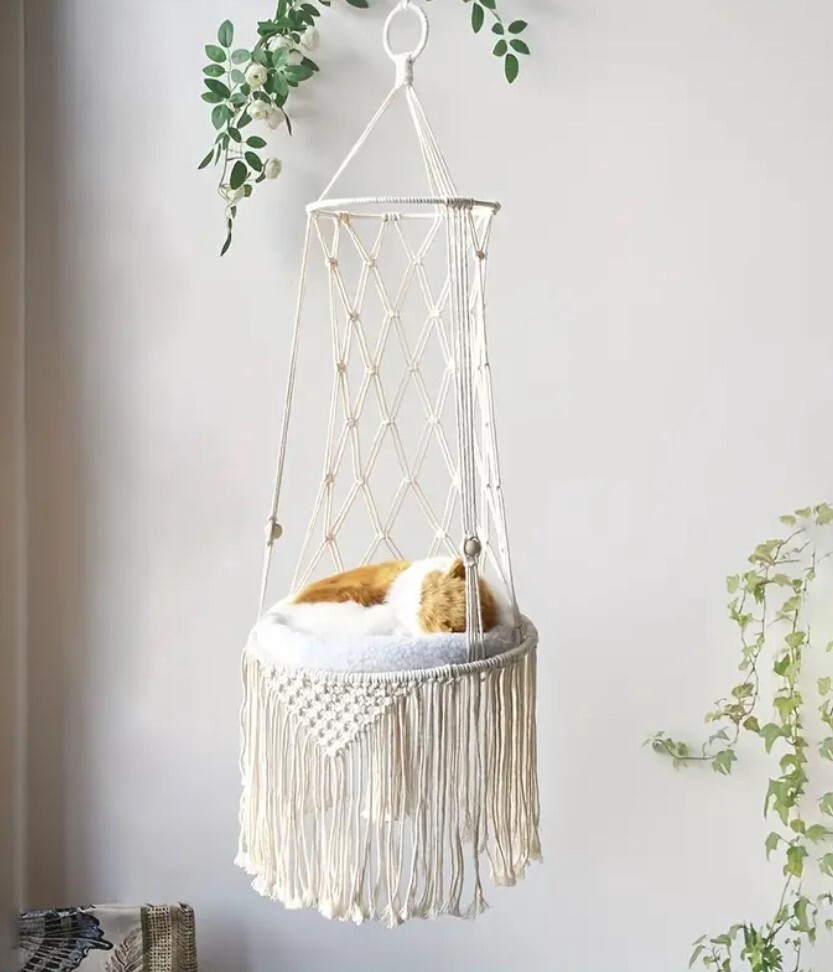 Macrame Hanging Cat Bed with Pillow