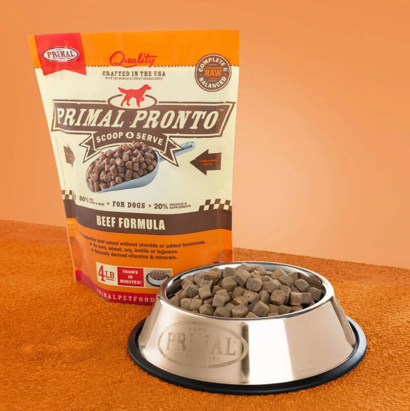 Primal Pronto Raw Dog Food Frozen 4lb Bag, Flavor: Beef