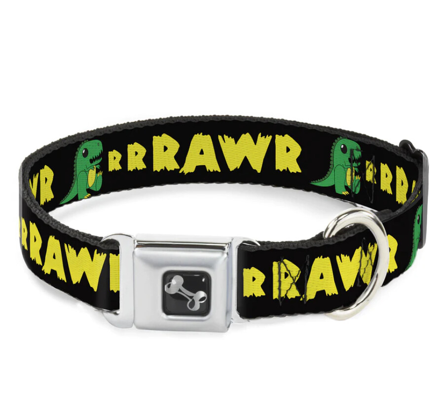 Buckle Down RRRRAWR Dinosaur Seatbelt Dog Collar, Size: Large Wide 1.5in (20-31&quot;)