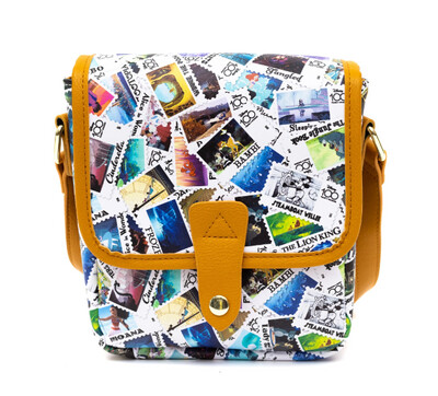 Disney Fold Over Snap Cross Body Bag, 100 Anniversary, World Stamps, All Over Print, Vegan Leather