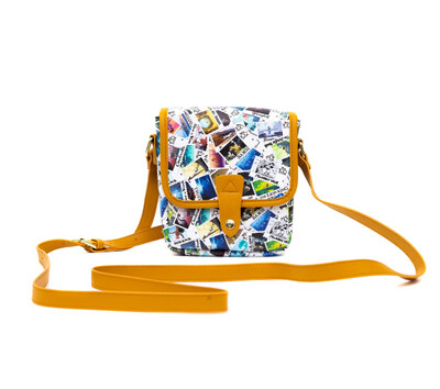 Disney Fold Over Snap Cross Body Bag, 100 Anniversary, World Stamps, All Over Print, Vegan Leather