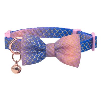 Ombre Mermaid Cat Breakaway Collar with Bell, Removable Bow Tie, Adjustable, Color: Blue &amp; Pink