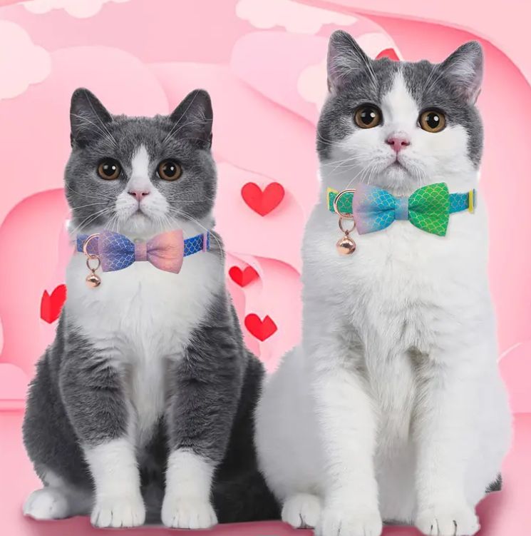 Ombre Mermaid Cat Breakaway Collar with Bell, Removable Bow Tie, Adjustable
