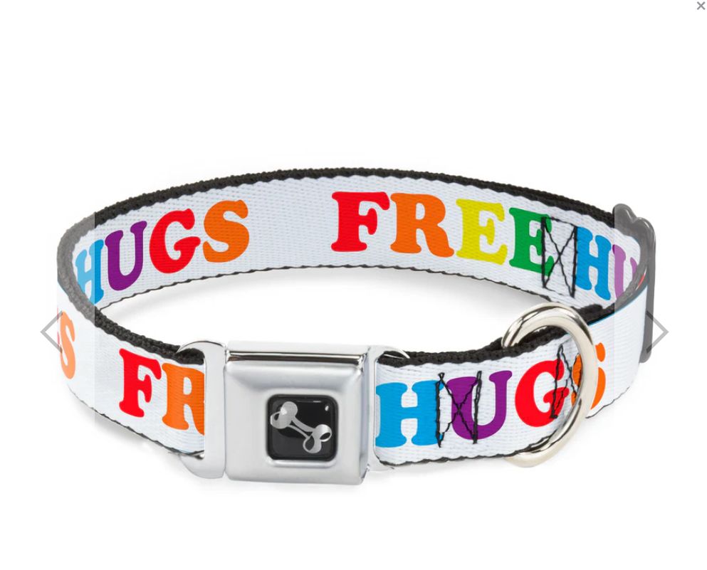 Buckle Down FREE HUGS White/Multi Seatbelt Dog Collar, Size: Medium 1in (11-16.5&quot;)