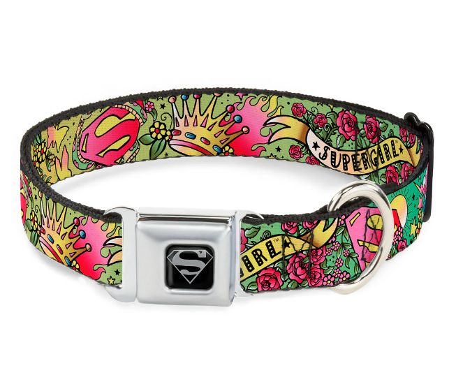 Buckle Down SUPERGIRL TATTOO Dog Seatbelt Collar, Size: Large 1in (15-24&quot;)