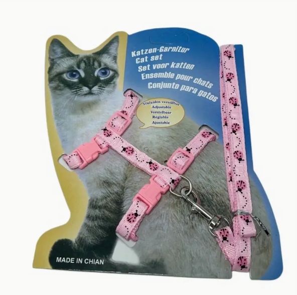 Simple All-Over Print Cat Harness &amp; Leash Set, Size: Small, Design: Pink Ladybugs