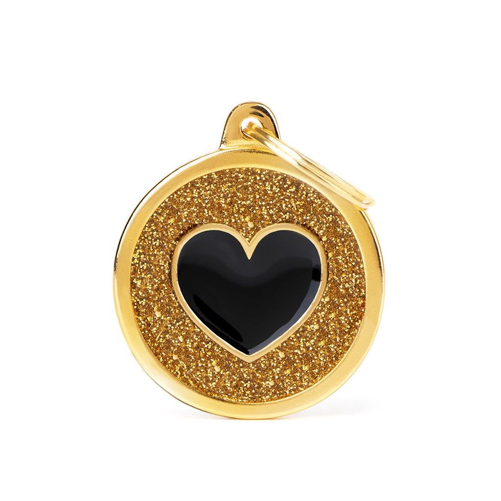 MyFamily Pet ID Tag Shine Collection, Design: Big Gold Glitter Circle with Black Heart